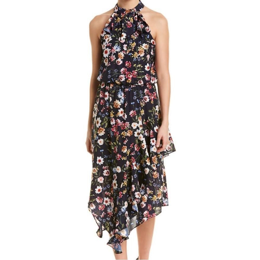 Parker Halter Neck Floral Asymmetrical Midi Dress M NEW Tiered Ruffle Sundress